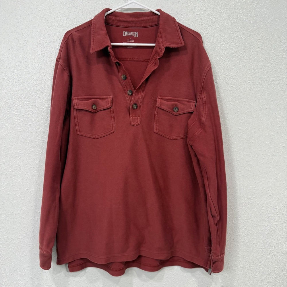 Duluth Trading Co Mens Large Red Cotton Long Sleeve Henley Utility Shirt L